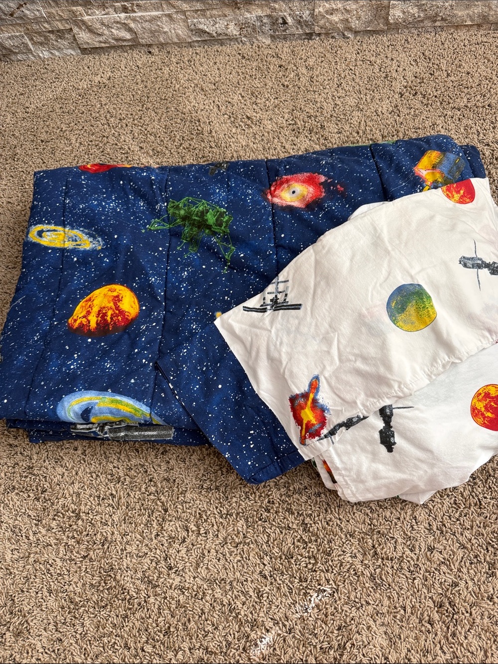 Space Galaxy Print Twin Comforter Set - Blue & White Planet Motif